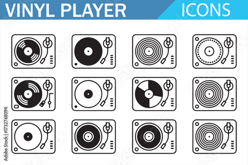 Black and white turntable icon pack – LP disc, tonearm, stylus variations, flat style