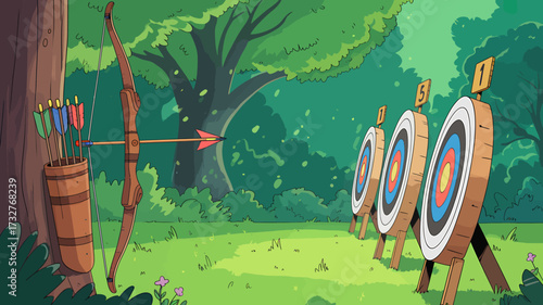 Archery Range in Forest with Bow Arrows and Targets Ready for Skilled Archers to Practice Aiming
