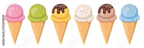 Colorful Assortment of Ice Cream Cones with Different Flavors and Toppings Perfect for Summer Treats and Dessert Lovers