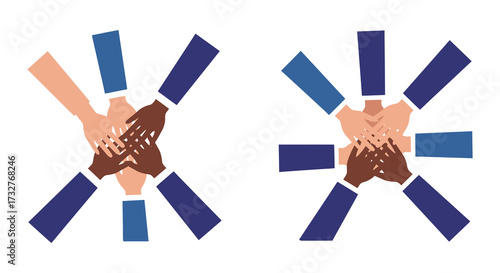 Diverse hands joining together symbolizing unity teamwork and collaboration in a flat design
