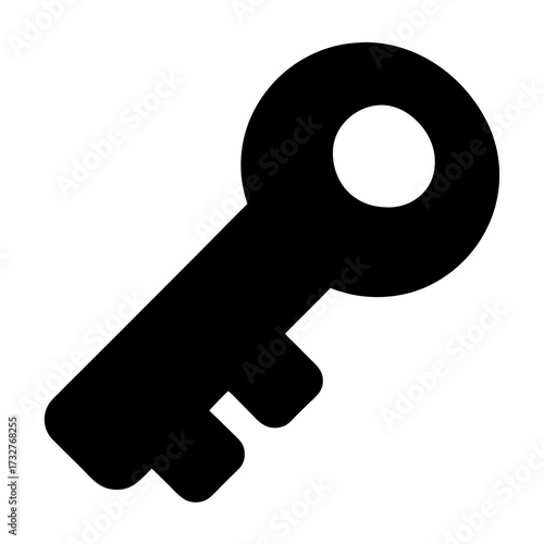 A simple solid black key icon, angled slightly on a white background