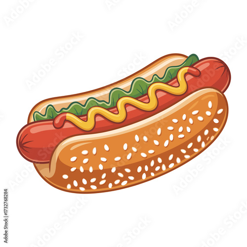 Delicious Hot Dog Illustration with Mustard Ketchup and Lettuce on a Sesame Seed Bun Perfect for Fast Food Marketing Materials
