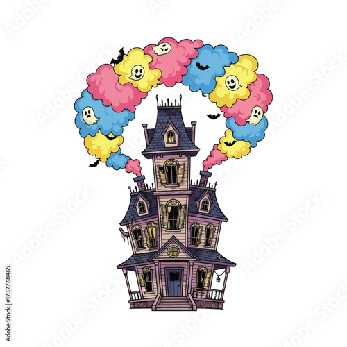 Haunted mansion with colorful ghost smoke isolated on white background