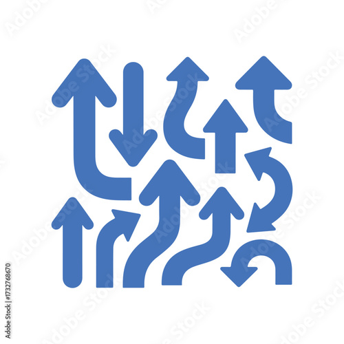 Blue mixed arrows vector icon set representing direction, navigation, growth, progress, success, decision making, business strategy, and movement indicators for infographics or reports.