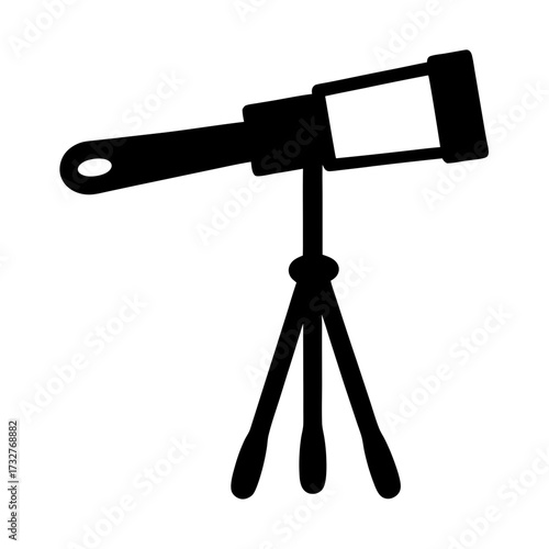 A simple black and white silhouette illustration of a telescope on tripod