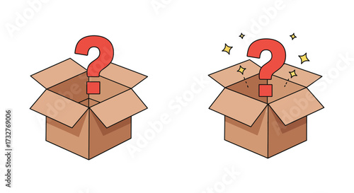 Mystery Box Concept Question Mark Symbol Emerging From Cardboard Box Surprise Reveal