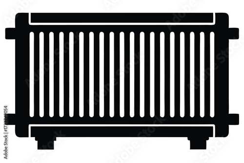 Black silhouette shows a radiator with vertical bars and simple square feet isolated