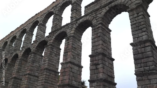 Sweeping aerial view of Segovia’s historic aqueduct, showcasing the impressive Roman architecture and stone construction that has endured through centuries as one of Spain’s most famous landmarks.