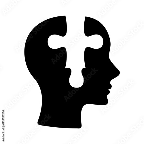 Brain teaser human profile with missing puzzle piece, intelligence concept