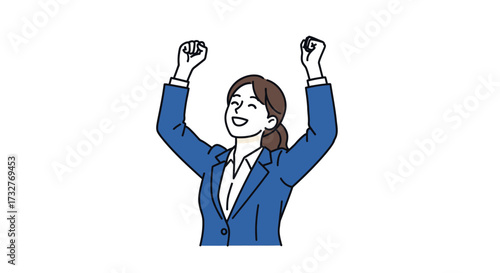 A smiling businesswoman raises her arms in a gesture of triumph and success.