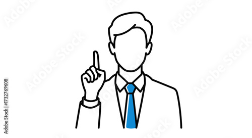 A line drawing of a man in a suit pointing upwards, indicating an idea.