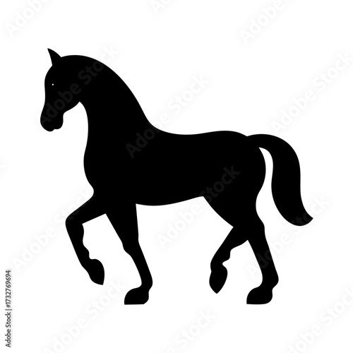 Elegant black horse silhouette depicting a graceful stride on white background
