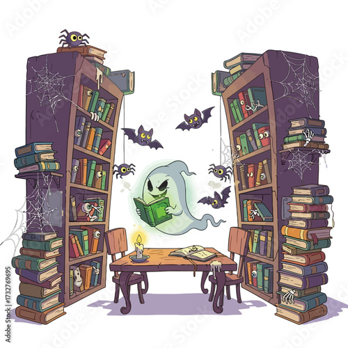 Ghost reading a book in a library with bats and spiders isolated on white background