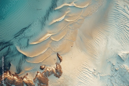 Aerial view of clear turquoise ocean waves gently meeting a pristine golden sand beach. Beautiful patterns and textures highlight nature's tranquil artistry.