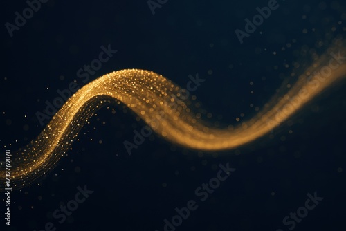 Golden sparkling wave of glowing glitter particles on dark background, elegant abstract stream of luminous dust flowing in curve, futuristic design for luxury celebration energy and motion concept