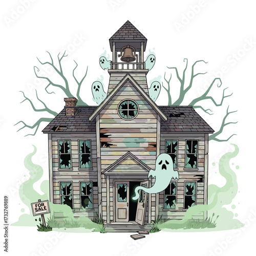 Abandoned haunted schoolhouse with ghosts and dead trees isolated on white background