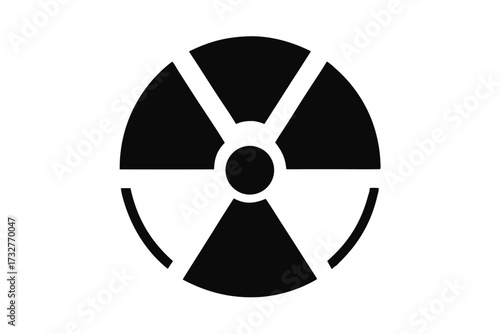 Black radiation warning symbol contains three blades arranged circularly and center circle on white