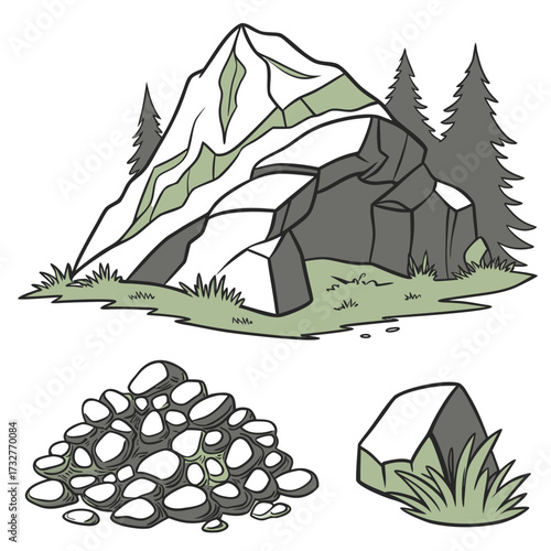 Cartoon grey stone and rock clipart, 3D boulders and pebbles, a pile of rubble and debris, isolated natural landscape elements, and mountain cliff and rocky terrain design. Vector set