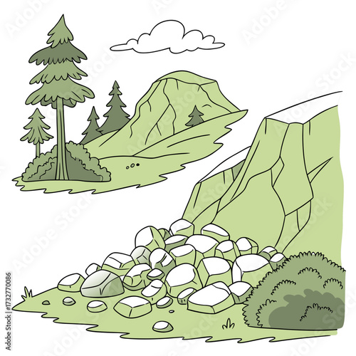 Cartoon grey stone and rock clipart, 3D boulders and pebbles, a pile of rubble and debris, isolated natural landscape elements, and mountain cliff and rocky terrain design. Vector set