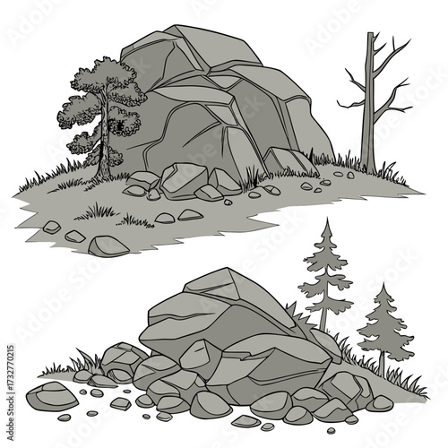Cartoon grey stone and rock clipart, 3D boulders and pebbles, a pile of rubble and debris, isolated natural landscape elements, and mountain cliff and rocky terrain design. Vector set