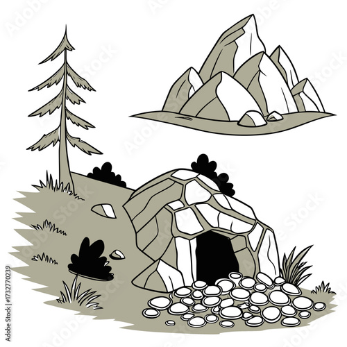 Cartoon grey stone and rock clipart, 3D boulders and pebbles, a pile of rubble and debris, isolated natural landscape elements, and mountain cliff and rocky terrain design. Vector set