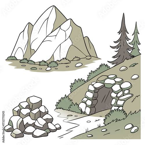 Cartoon grey stone and rock clipart, 3D boulders and pebbles, a pile of rubble and debris, isolated natural landscape elements, and mountain cliff and rocky terrain design. Vector set