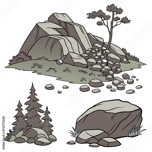 Cartoon grey stone and rock clipart, 3D boulders and pebbles, a pile of rubble and debris, isolated natural landscape elements, and mountain cliff and rocky terrain design. Vector set