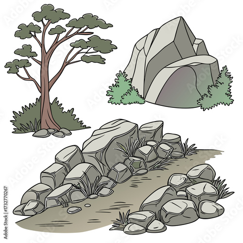 Cartoon grey stone and rock clipart, 3D boulders and pebbles, a pile of rubble and debris, isolated natural landscape elements, and mountain cliff and rocky terrain design. Vector set