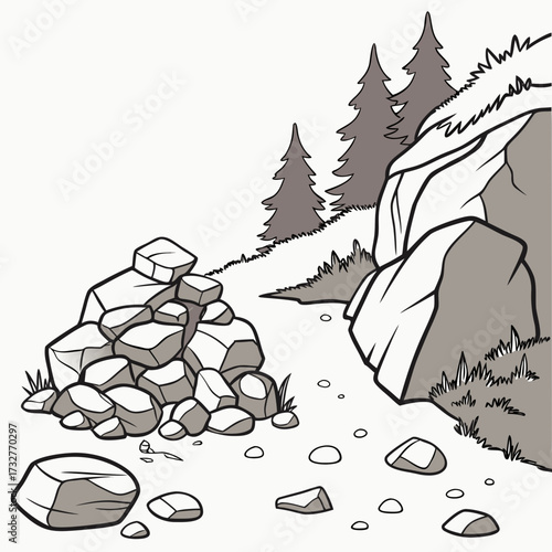 Cartoon grey stone and rock clipart, 3D boulders and pebbles, a pile of rubble and debris, isolated natural landscape elements, and mountain cliff and rocky terrain design. Vector set
