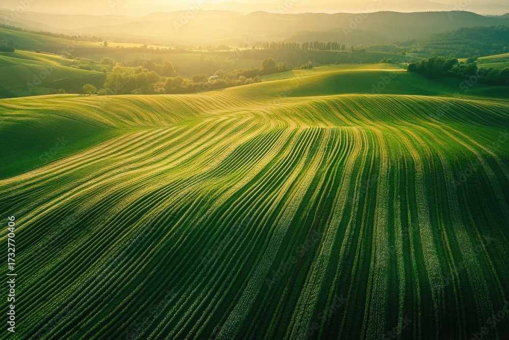 Obraz premium Sunrise illuminates vast, rolling green fields, showcasing beautifully patterned agricultural crops stretching across the landscape. Serene nature's artistry captured from above.