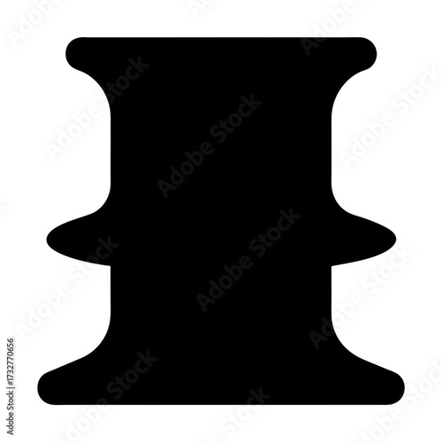 A stylized black abstract shape reminiscent of a spool or bobbin