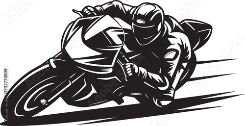 Motorcycle racer silhouette vector illustration with helmet leaning into turn, motorsport design template for racing, speed, competition, adrenaline, biker lifestyle, extreme sports, and automotive co