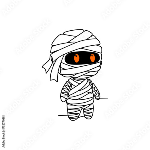 Outline of the profile of a chibi mummy in one line. Cute Halloween illustration. Funny monster
