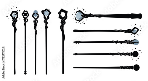 Collection of Magic Wands with Crystals and Sparkles for Fantasy Illustrations
