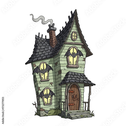 Spooky haunted house with bats and smoke isolated on white background