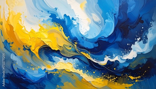 A dynamic abstract art piece featuring vibrant colors. Swirling blues and yellow hues create a sense of energy and movement. Paintstrokes blend and interact