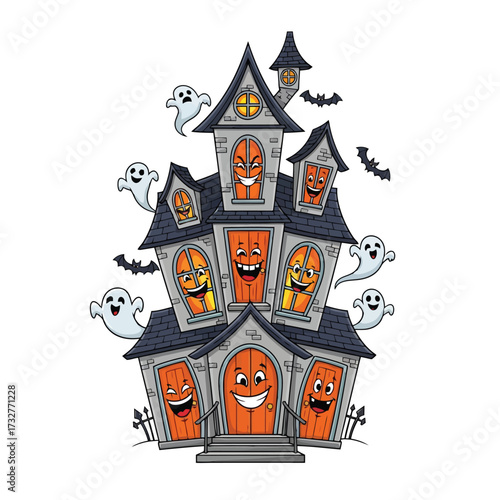 Haunted house with jackolantern faces and ghosts isolated on white background