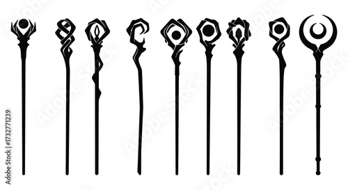 Assortment of fantasy magic staffs wands or scepters in black and white