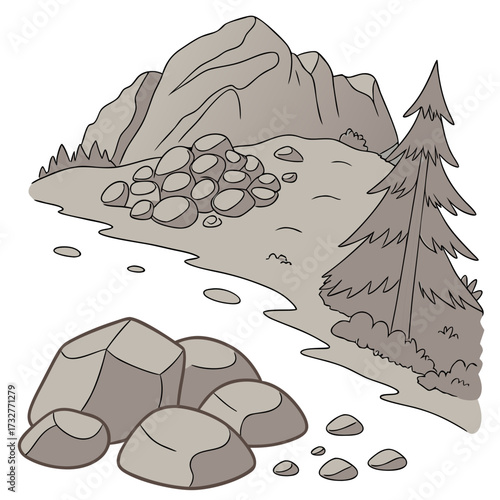 Cartoon grey stone and rock clipart, 3D boulders and pebbles, a pile of rubble and debris, isolated natural landscape elements, and mountain cliff and rocky terrain design. Vector set
