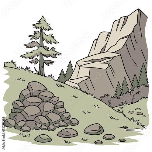 Cartoon grey stone and rock clipart, 3D boulders and pebbles, a pile of rubble and debris, isolated natural landscape elements, and mountain cliff and rocky terrain design. Vector set