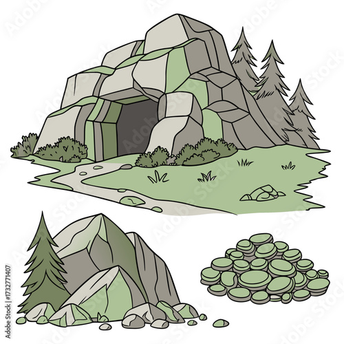 Cartoon grey stone and rock clipart, 3D boulders and pebbles, a pile of rubble and debris, isolated natural landscape elements, and mountain cliff and rocky terrain design. Vector set