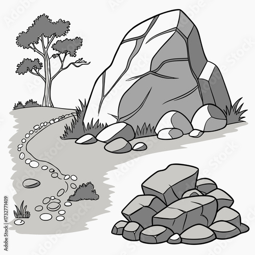 Cartoon grey stone and rock clipart, 3D boulders and pebbles, a pile of rubble and debris, isolated natural landscape elements, and mountain cliff and rocky terrain design. Vector set