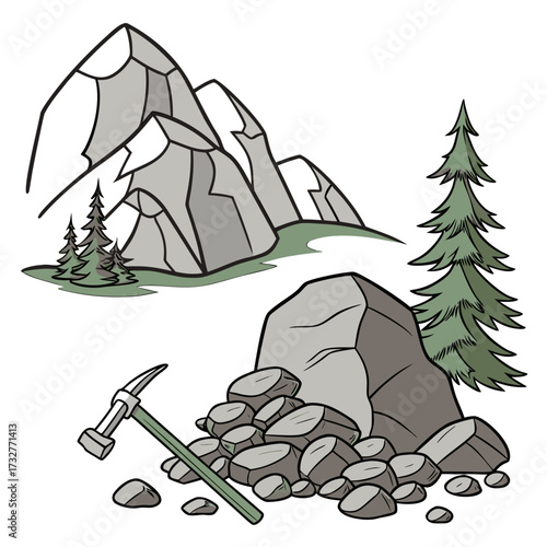 Cartoon grey stone and rock clipart, 3D boulders and pebbles, a pile of rubble and debris, isolated natural landscape elements, and mountain cliff and rocky terrain design. Vector set