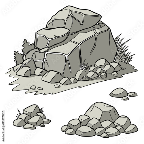 Cartoon grey stone and rock clipart, 3D boulders and pebbles, a pile of rubble and debris, isolated natural landscape elements, and mountain cliff and rocky terrain design. Vector set