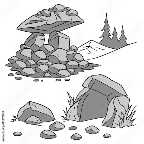 Cartoon grey stone and rock clipart, 3D boulders and pebbles, a pile of rubble and debris, isolated natural landscape elements, and mountain cliff and rocky terrain design. Vector set