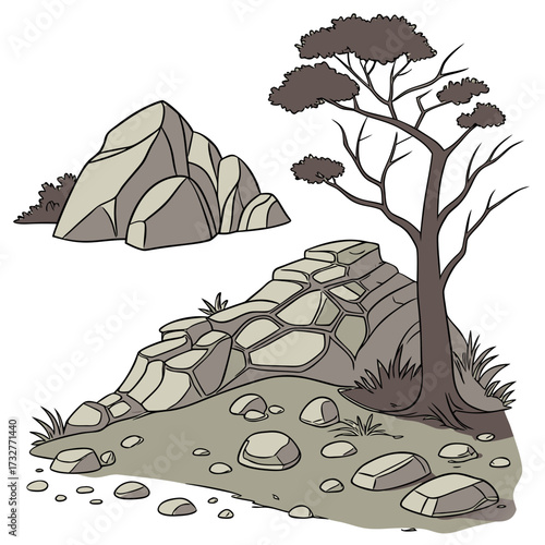 Cartoon grey stone and rock clipart, 3D boulders and pebbles, a pile of rubble and debris, isolated natural landscape elements, and mountain cliff and rocky terrain design. Vector set
