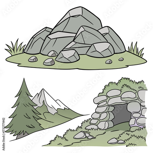 Cartoon grey stone and rock clipart, 3D boulders and pebbles, a pile of rubble and debris, isolated natural landscape elements, and mountain cliff and rocky terrain design. Vector set