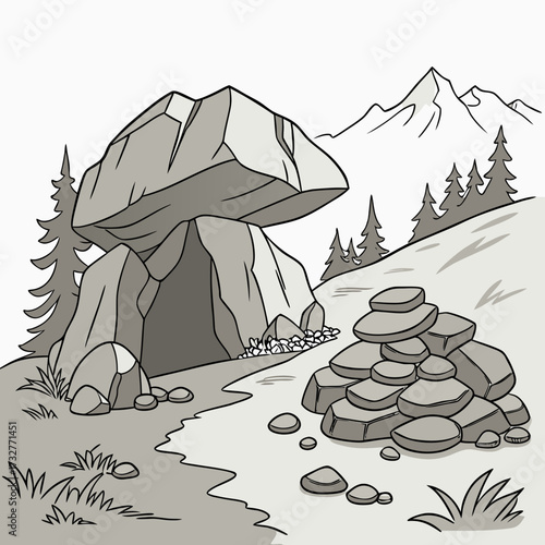 Cartoon grey stone and rock clipart, 3D boulders and pebbles, a pile of rubble and debris, isolated natural landscape elements, and mountain cliff and rocky terrain design. Vector set