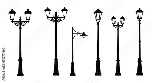 Collection of Various Black Silhouette Street Lamps on White Background