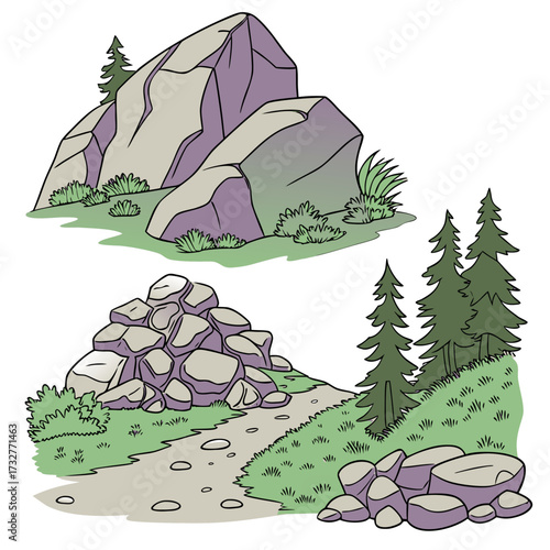 Cartoon grey stone and rock clipart, 3D boulders and pebbles, a pile of rubble and debris, isolated natural landscape elements, and mountain cliff and rocky terrain design. Vector set